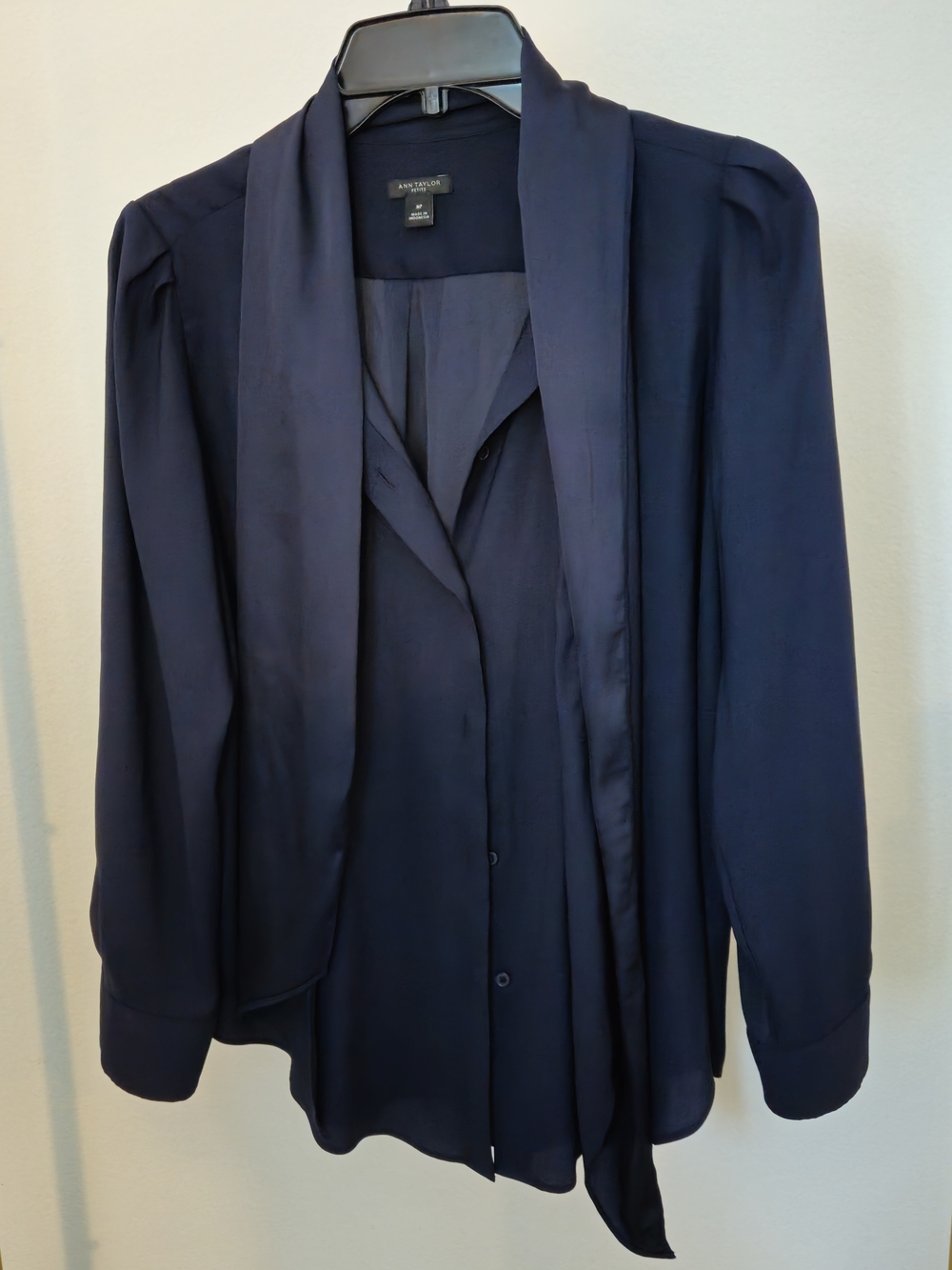 Ann Taylor Navy Draped Scarf Collar Blouse - Medium Petite
